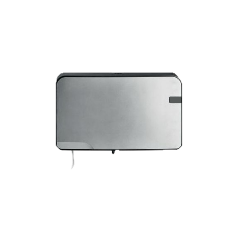 un distributeur de papier toilette à double mandrin avec un design métallique gris